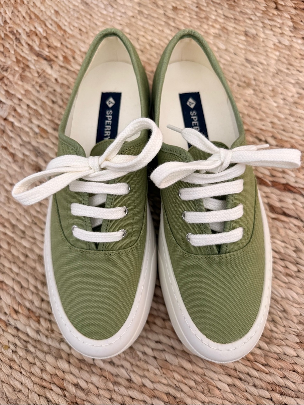 Sperry Olive Green Canvas Lace-Up Sneakers with White Soles, Size 8
